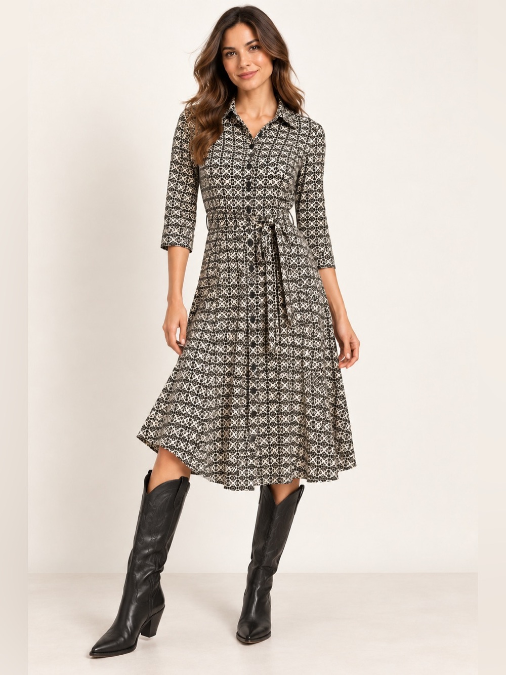 Express Black and Cream Printed Midi Shirt Dress
